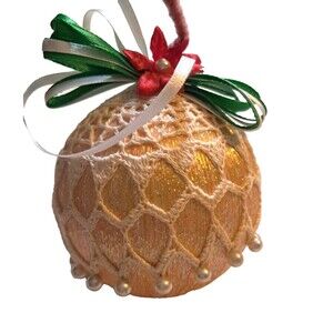 Vintage Handmade Round Ornament Crochet Ribbon Christmas Tree Holiday Pink